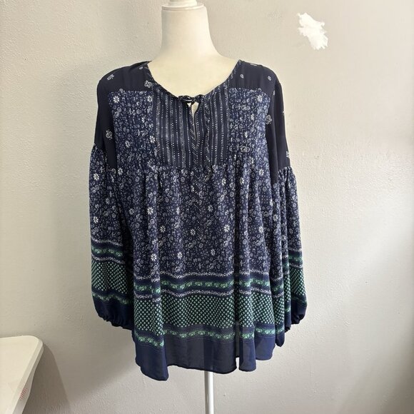 Gap Mix Print Pintuck Long Sleeve Tops Size Large Paisley Navy & Green Flowy - Picture 2 of 12